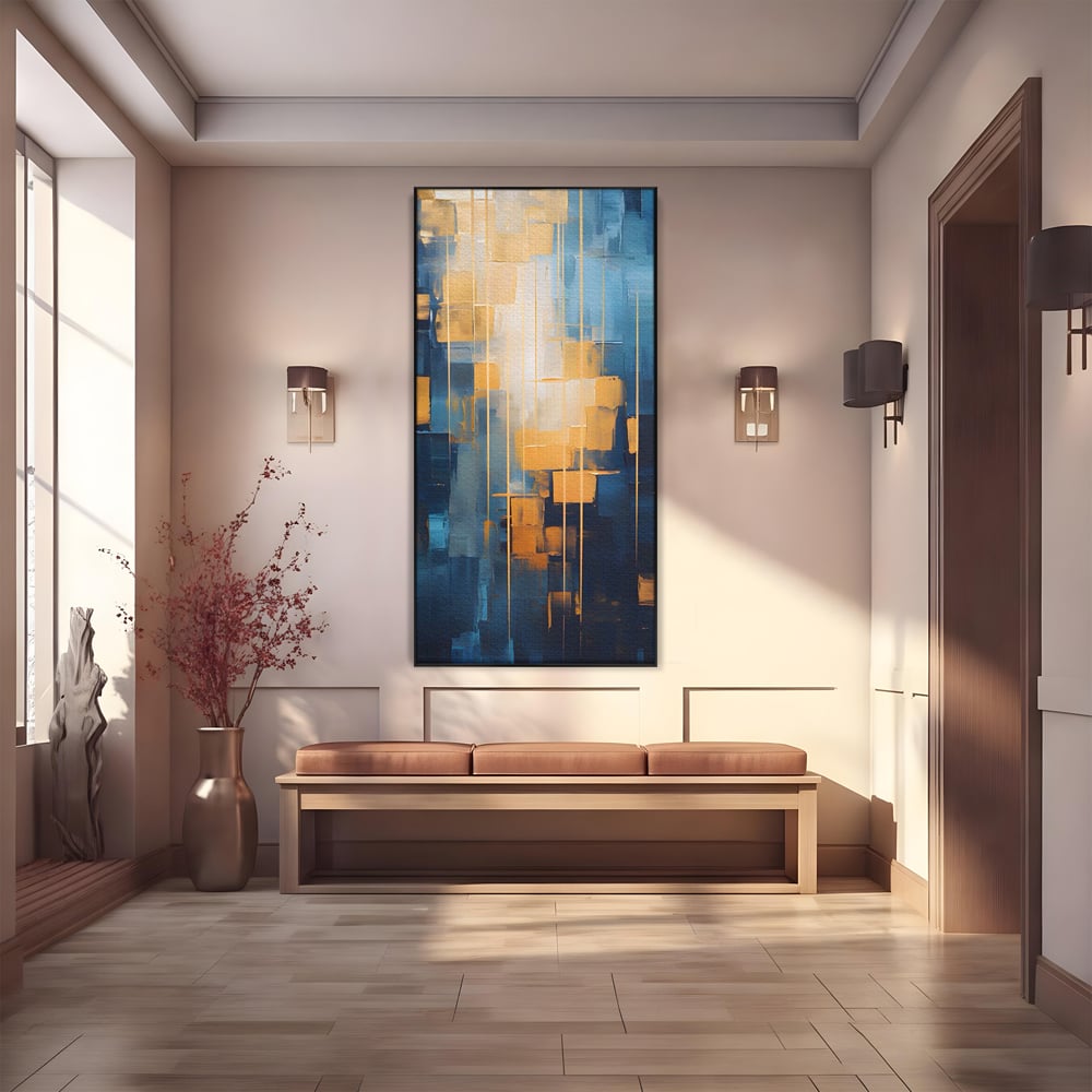 Tablou canvas cu pictura abstracta cu linii aurii, in rama de aluminiu negru